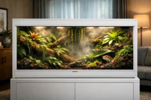 A lush, fully planted bioactive reptile enclosure with live plants and bioactive substrate, showcasing a self-sustaining ecosystem in a Toxirium PVC tank.