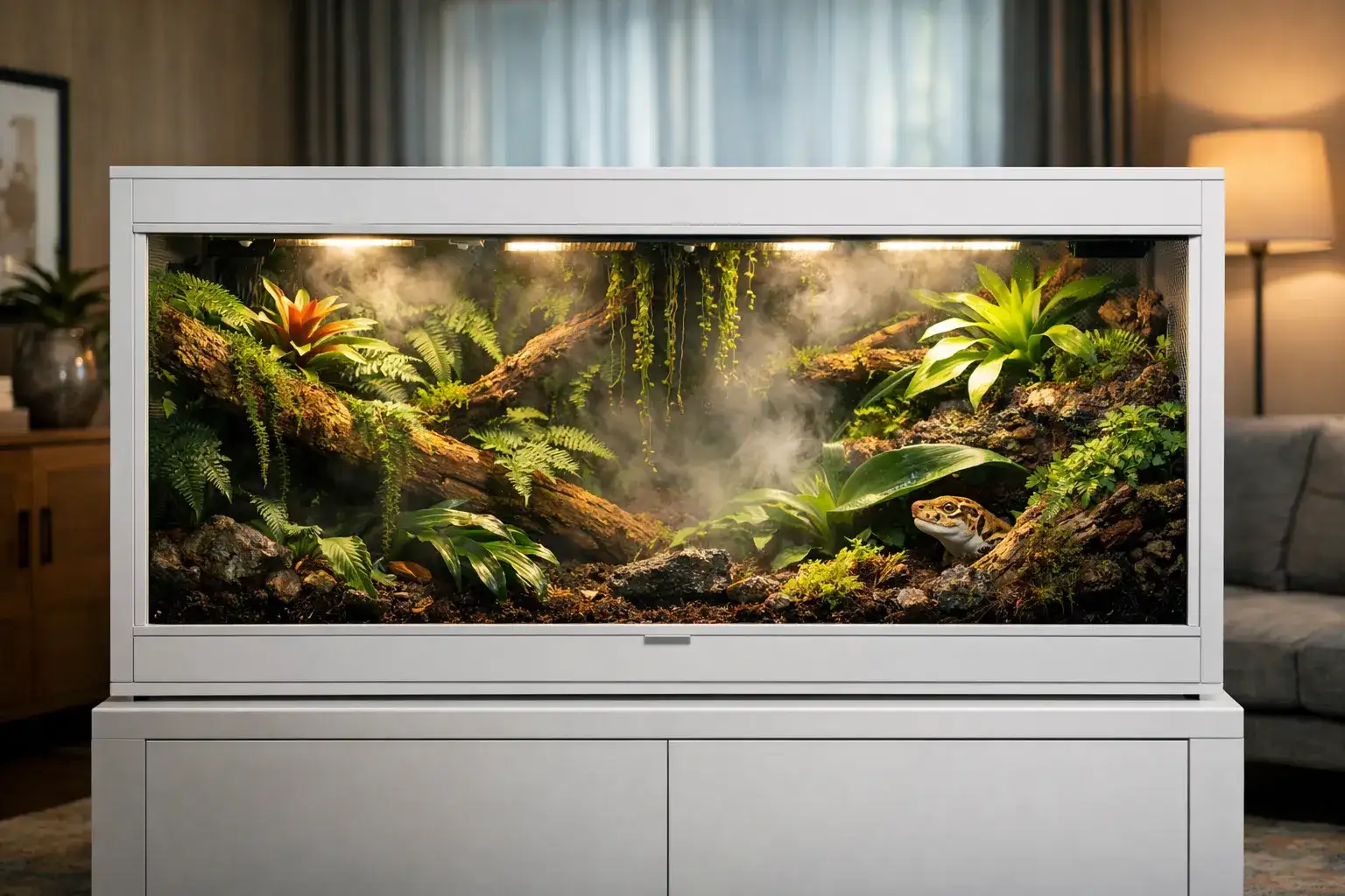 A lush, fully planted bioactive reptile enclosure with live plants and bioactive substrate, showcasing a self-sustaining ecosystem in a Toxirium PVC tank.