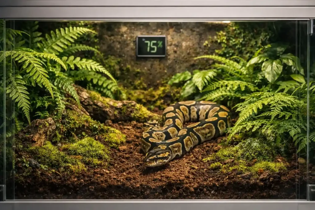 A perfect bioactive PVC setup achieving 75% humidity, the gold standard for how to maintain humidity in a ball python enclosure.
