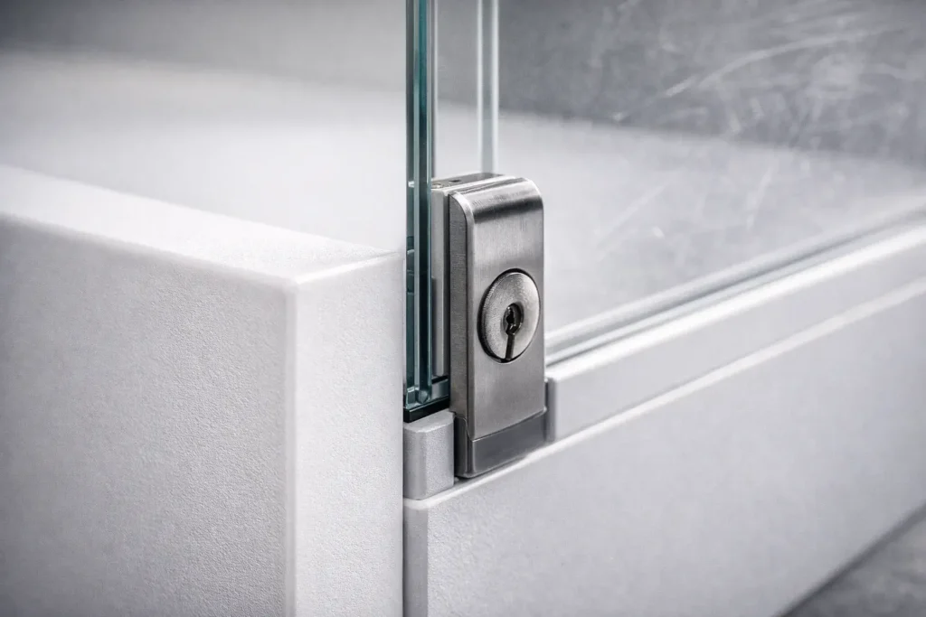 Close-up detail of 12 inch high-density PVC and tempered glass doors on the best bearded dragon cage size.