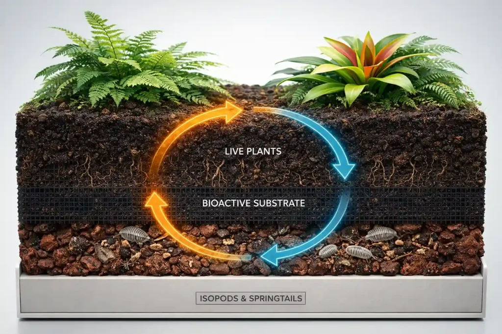Close-up of a self-sustaining bioactive reptile enclosure showing the interaction between live plants, living soil, and the cleanup crew.