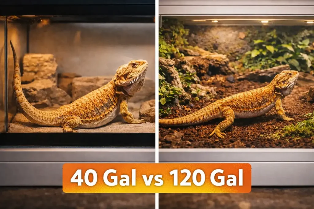 Comparison of cramped 40 gallon tank vs spacious 120 gallon reptile tank for bearded dragons.