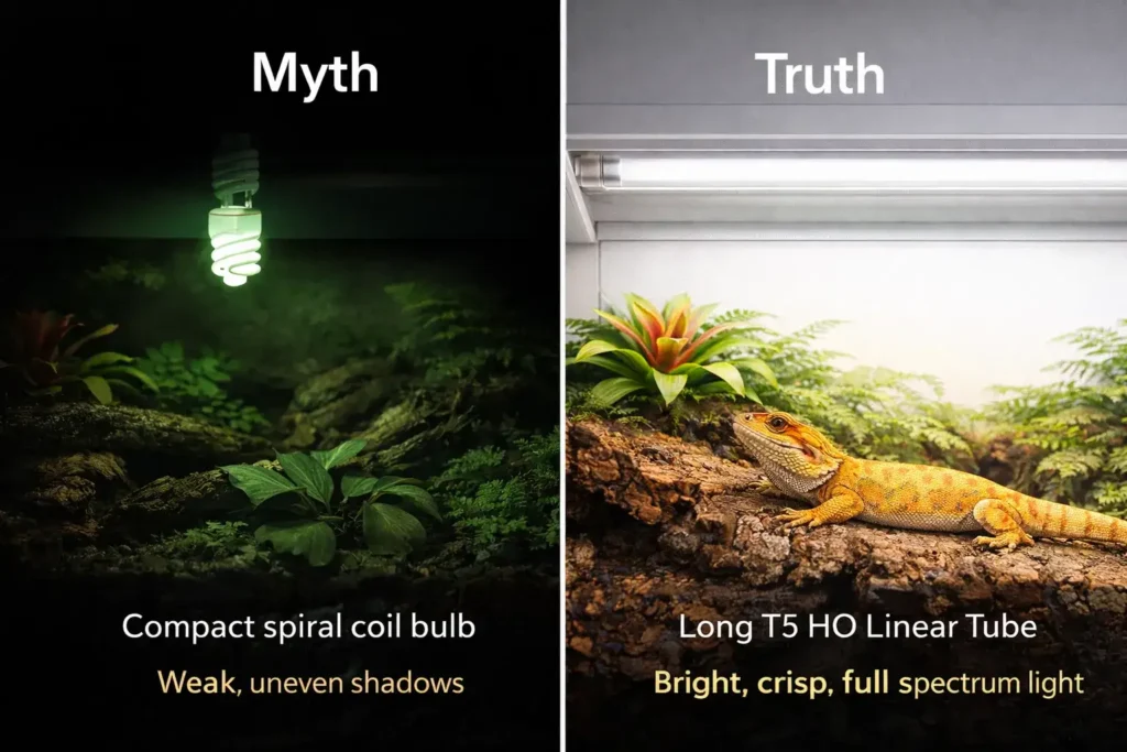 Comparison showing the difference between ineffective coil bulbs and T5 HO linear tubes to debunk common reptile UVB lighting myths and prevent metabolic bone disease.