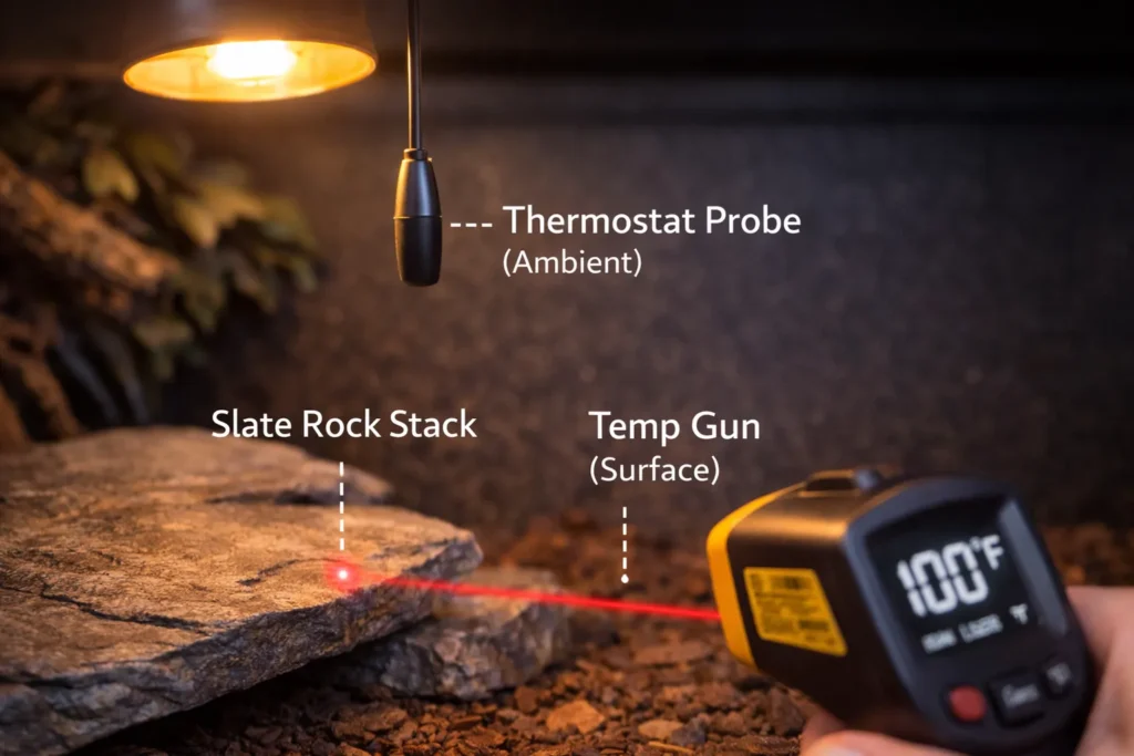 Correct thermostat probe placement hanging below a heat bulb to manage the ambient reptile temperature gradient and prevent overheating.