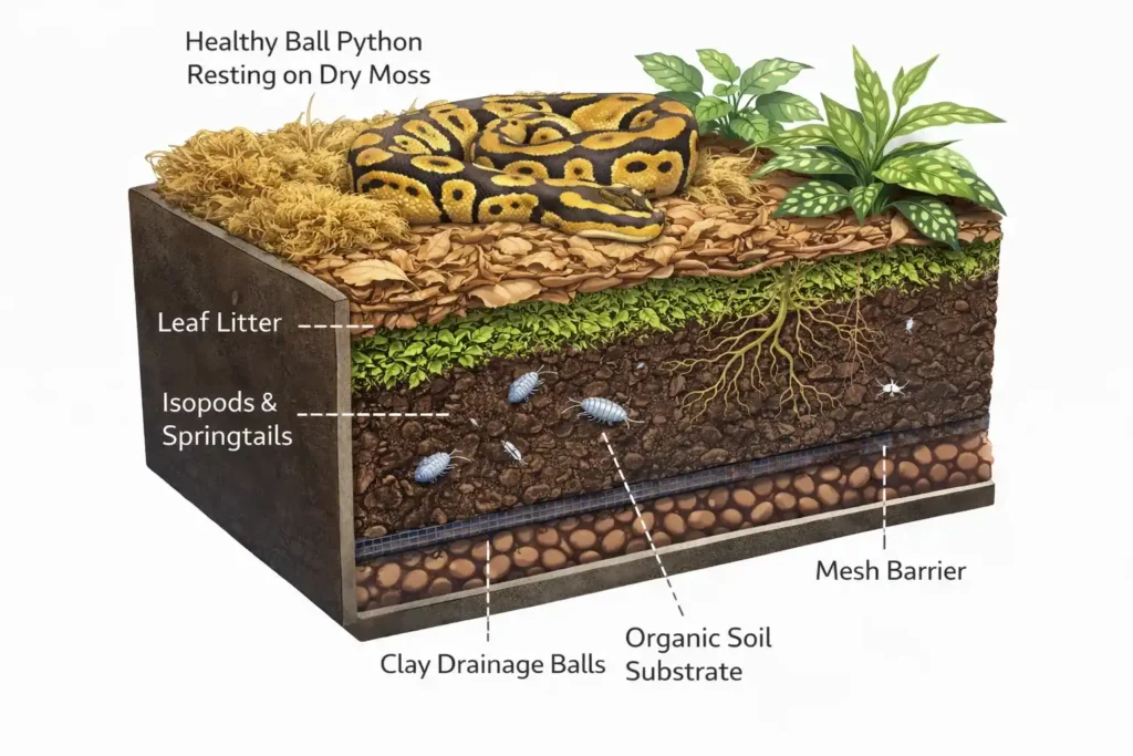 Cross-section diagram displaying the drainage layers, plant roots, and cleanup crew necessary for a functioning bioactive reptile enclosure.