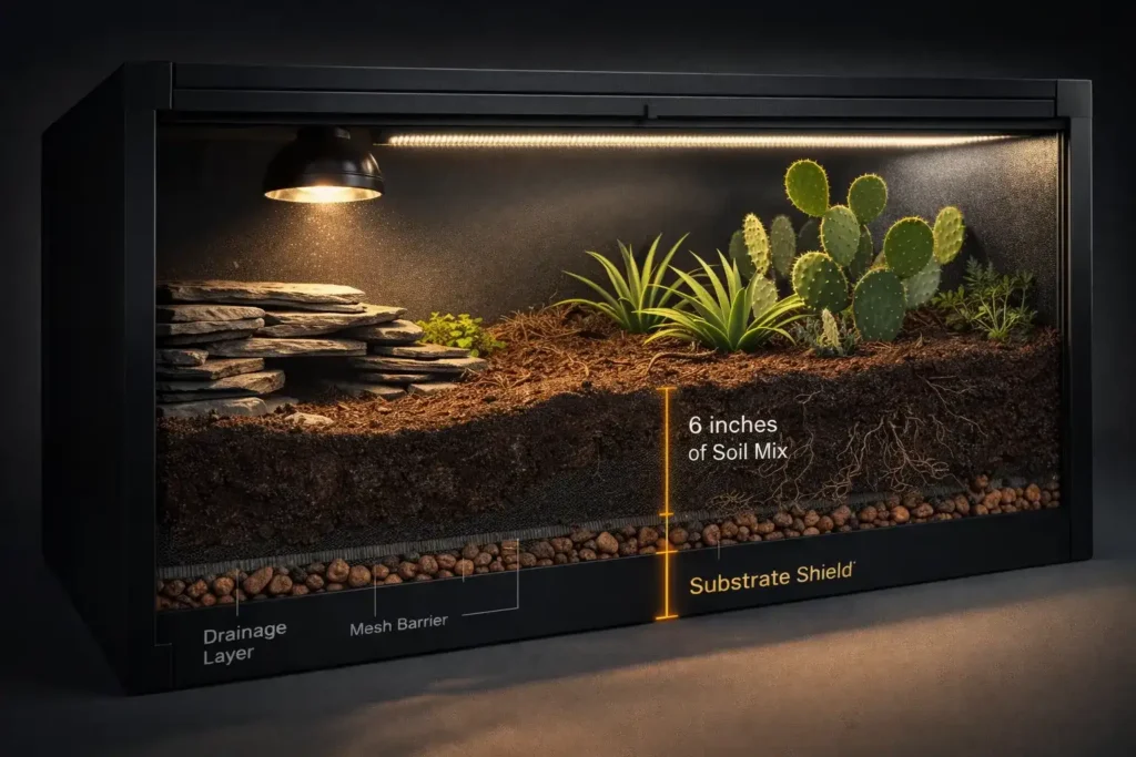 Cross-section of a bioactive 4x2x2 bearded dragon enclosure setup showing soil depth and plant placement in a PVC cage.