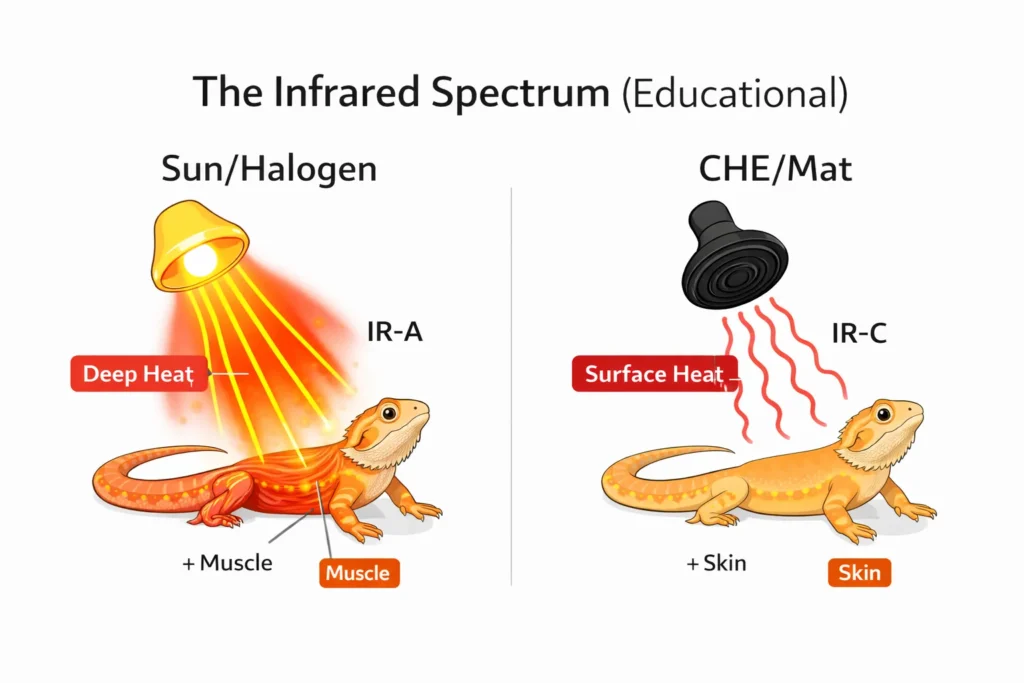 Diagram comparing Infrared-A vs Infrared-C heat penetration for reptile thermoregulation.