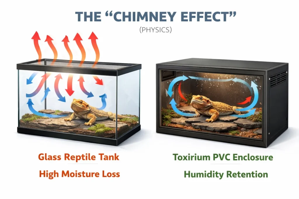 Diagram comparing airflow physics and humidity loss in glass vs PVC tanks for how to maintain humidity in a ball python enclosure.