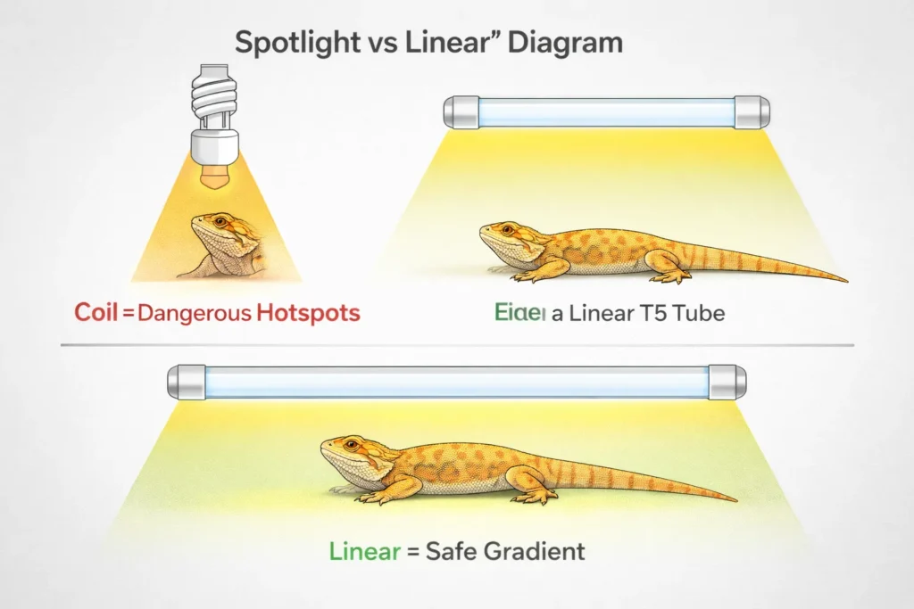 Diagram debunking reptile UVB lighting myths about coil bulbs versus linear T5 tubes.