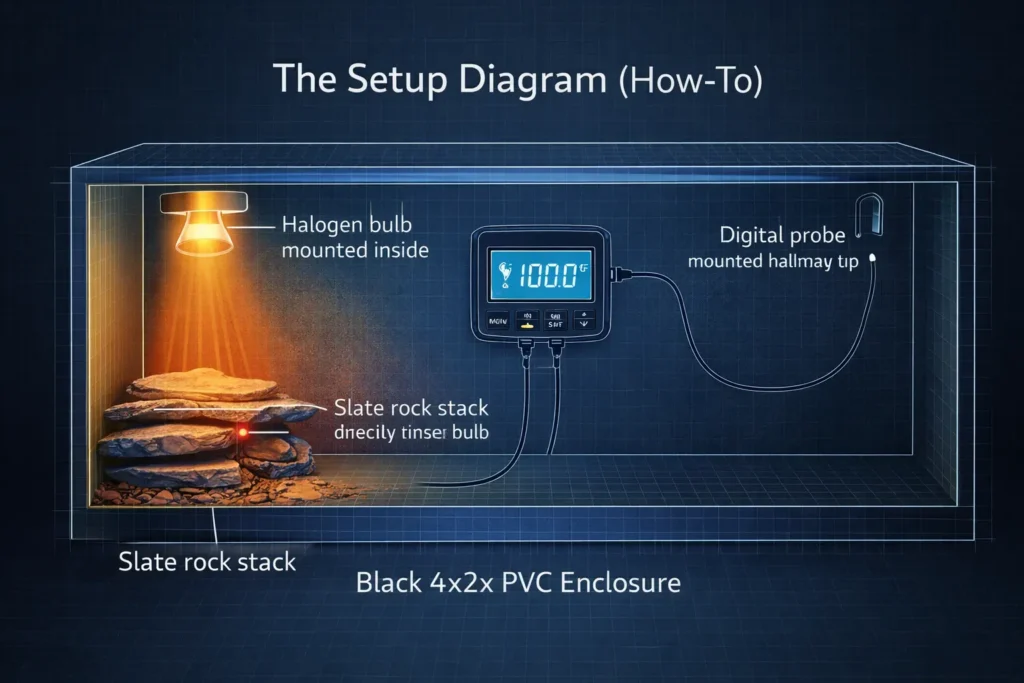 Diagram showing proper placement of heat lamps and probes to achieve a reptile temperature gradient.