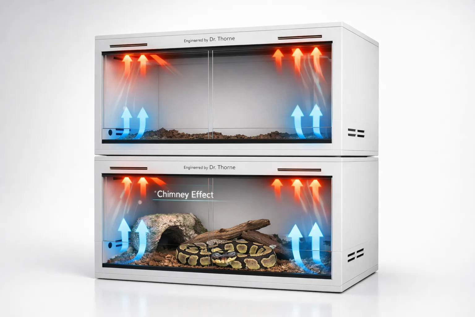 Dr. Thorne engineered PVC reptile enclosure featuring Chimney Effect ventilation diagram, opaque visual security barriers, and heavy-duty vertical stacking capability.