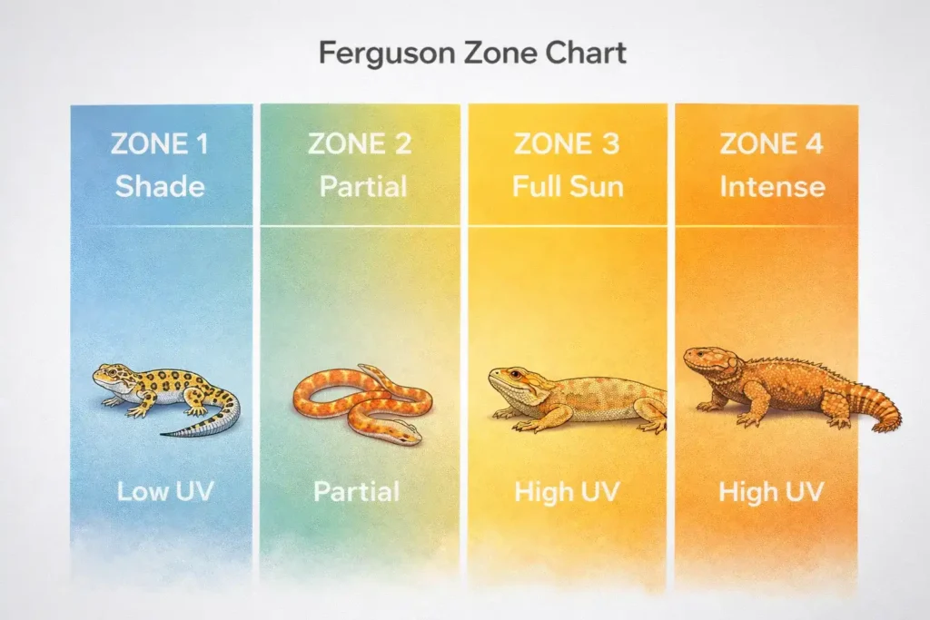Ferguson Zone chart explaining proper UV Index levels for different reptile species.