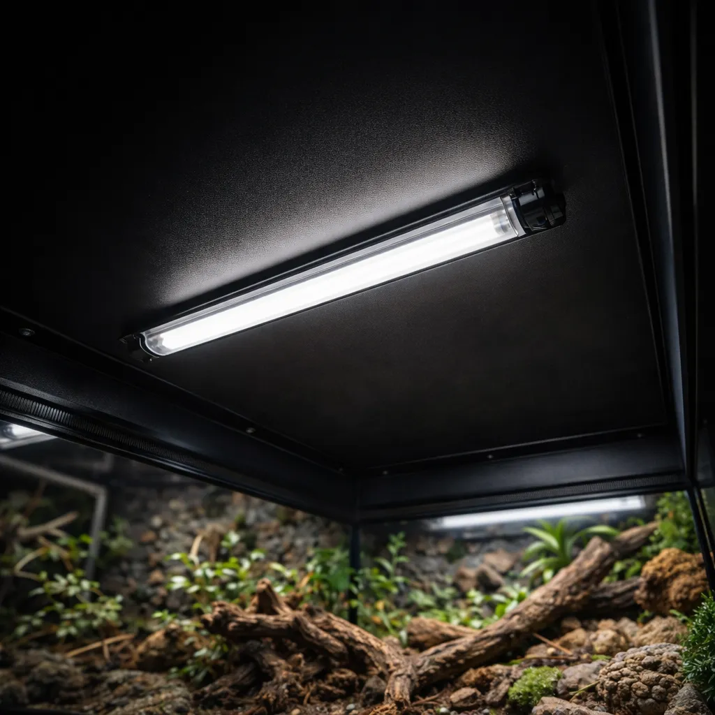 Internally mounted T5 HO fixture in a PVC enclosure, solving reptile UVB lighting myths regarding mesh screens blocking ultraviolet radiation.