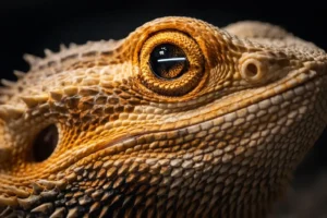 Macro photography of a healthy Bearded Dragon with a linear T5 tube reflected in its eye, illustrating proper husbandry to dispel reptile UVB lighting myths.