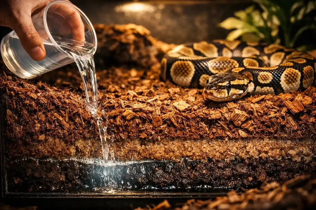 Pouring water into the corners of coconut husk substrate to maintain humidity for ball pythons without causing scale rot.