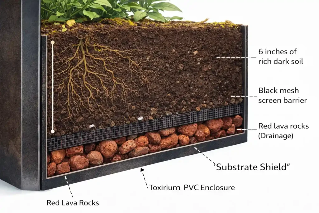 Proper drainage layer and substrate stack for a bioactive reptile enclosure in a PVC tank.