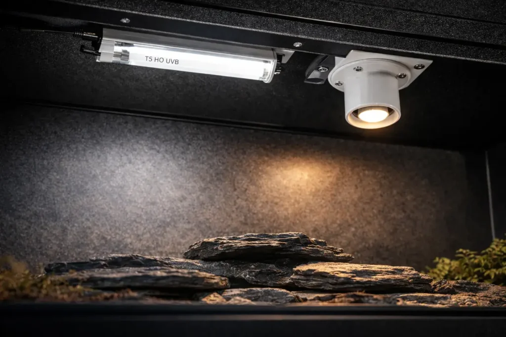 Proper interior lighting mounting guide for a 120 gallon reptile tank to ensure maximum UVB penetration.