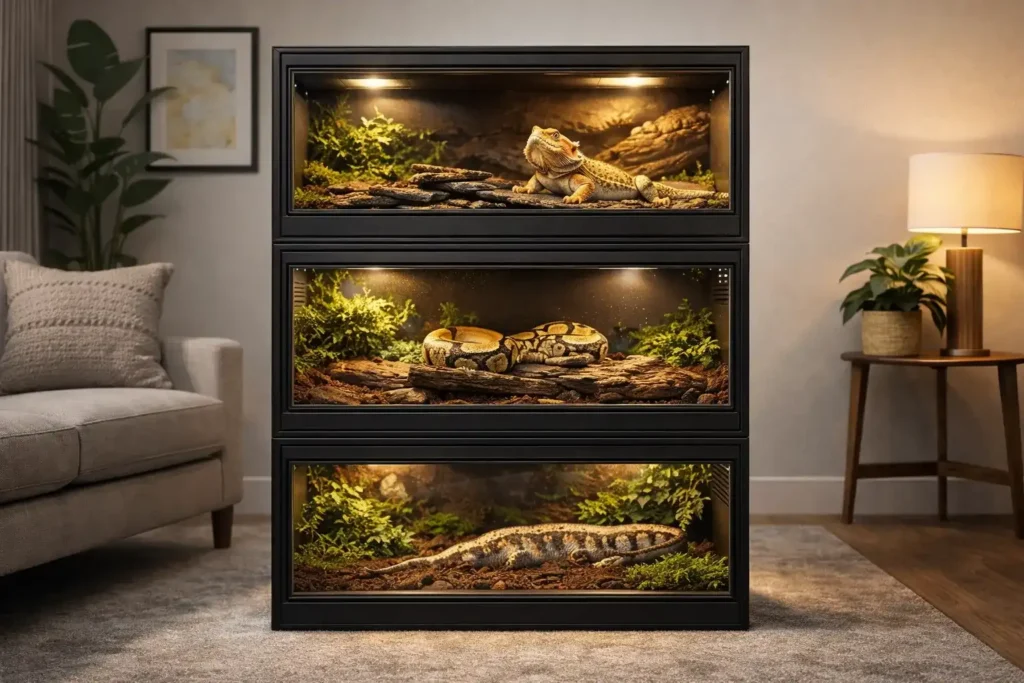 Stacked Toxirium 4x2x2 bearded dragon enclosures in a modern home setting.