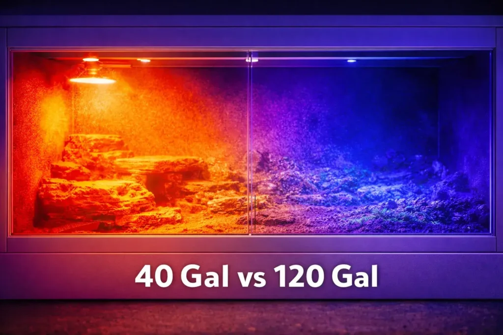 Thermal gradient heat map showing why the best bearded dragon cage size is 4x2x2 feet.