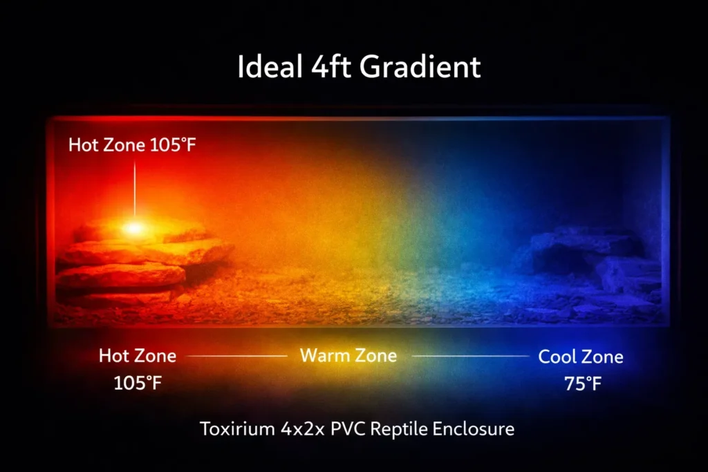 Thermal heat map showing a perfect reptile temperature gradient in a 4x2x2 PVC enclosure.