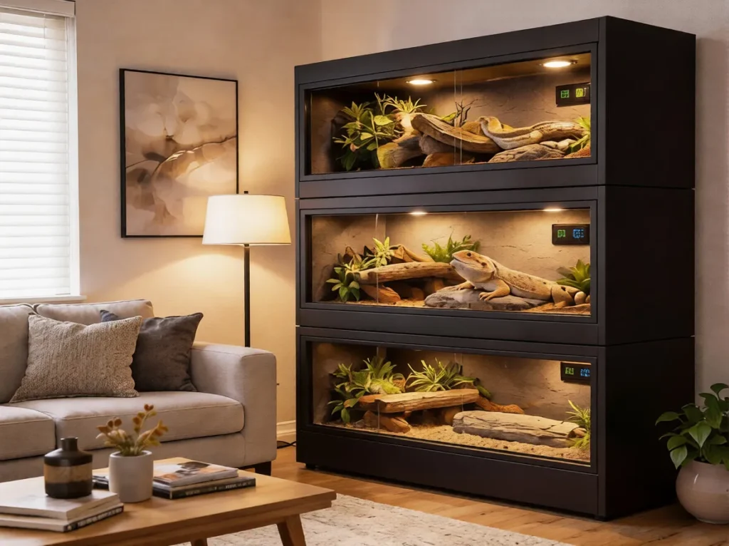Three stacked black PVC cages in a living room, highlighting the space-saving benefits in this Glass vs PVC reptile enclosure comparison.