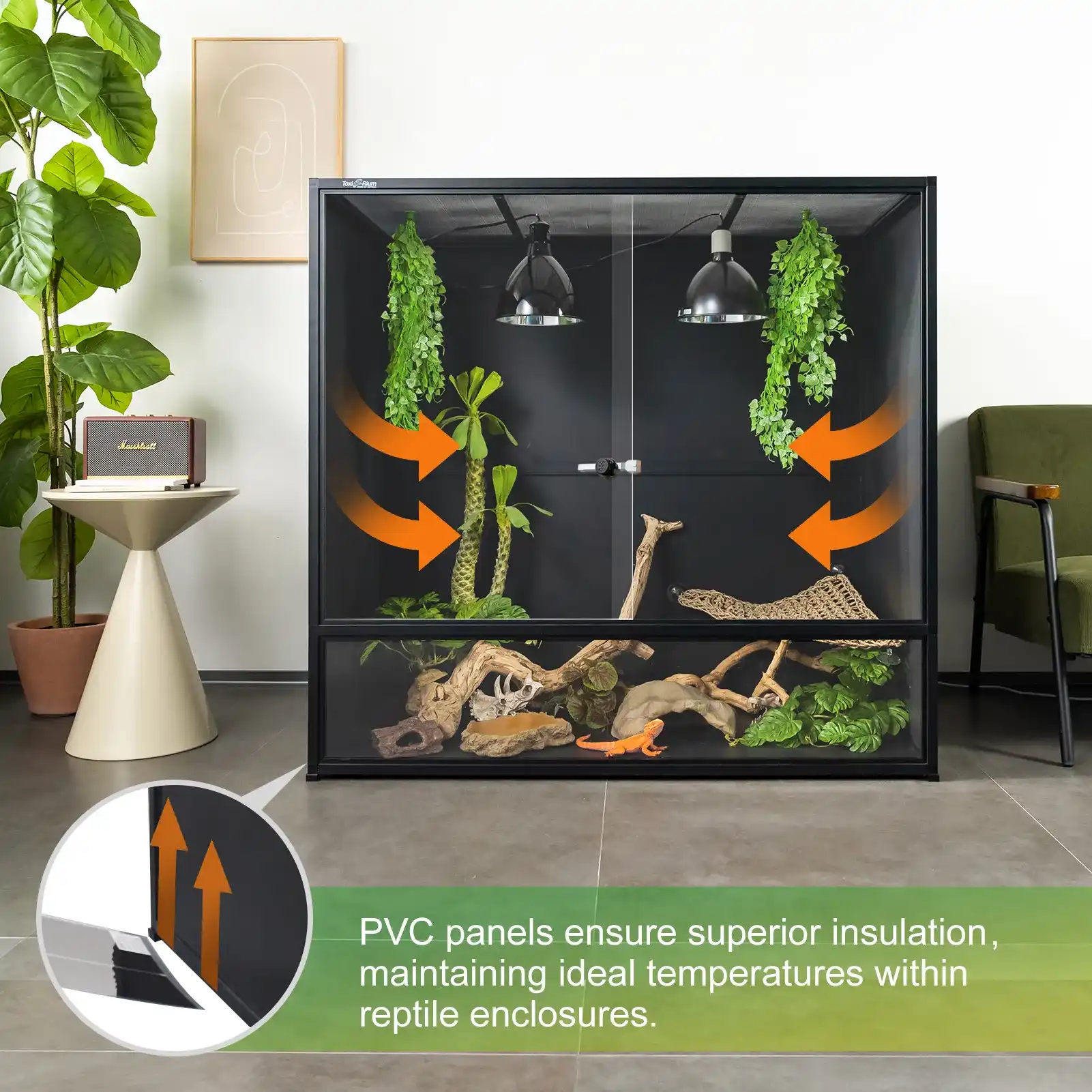 Toxirium 48x24x46 PVC Reptile Enclosure with lizard, lamps, and plants.