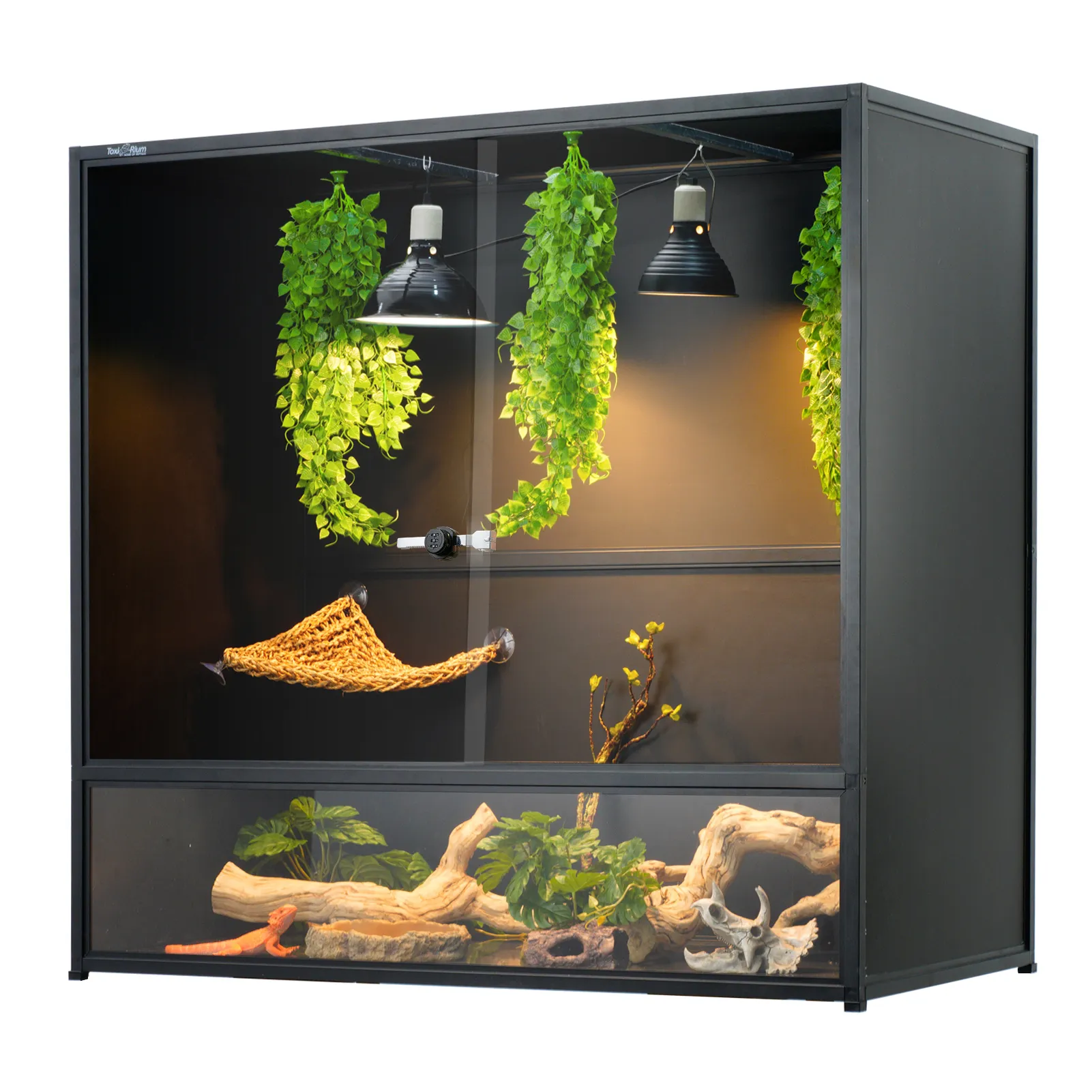 Toxirium 48x24x46 PVC Reptile Enclosure with plants, lamps, and lizard.