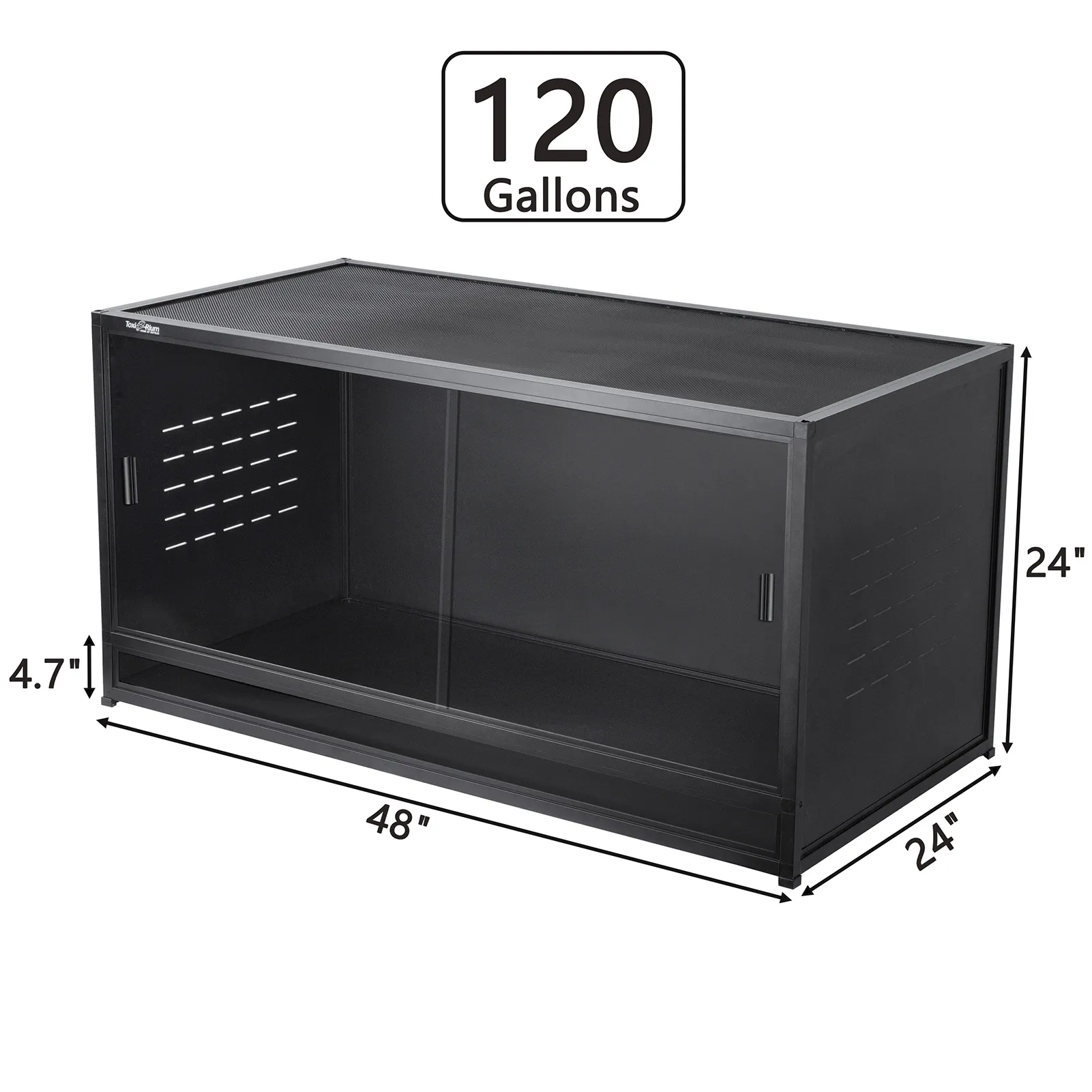 Toxirium 4x2x2 PVC reptile enclosure with glass doors, labeled diagram.