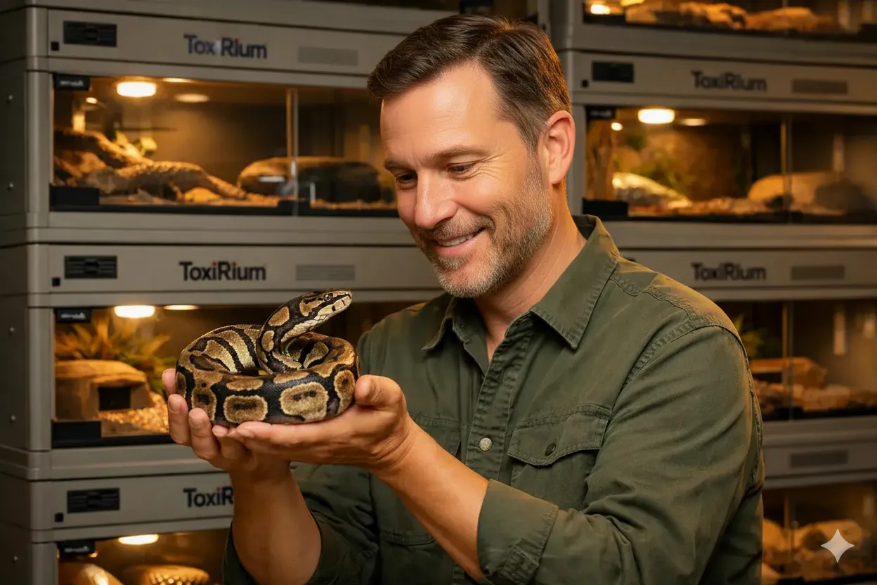 Toxirium Chief Habitat Specialist with ball python, expert portrait.