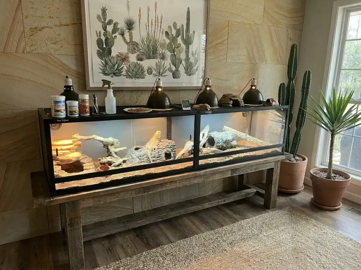 Toxirium PVC reptile enclosure setup with lizard, lights, and decor