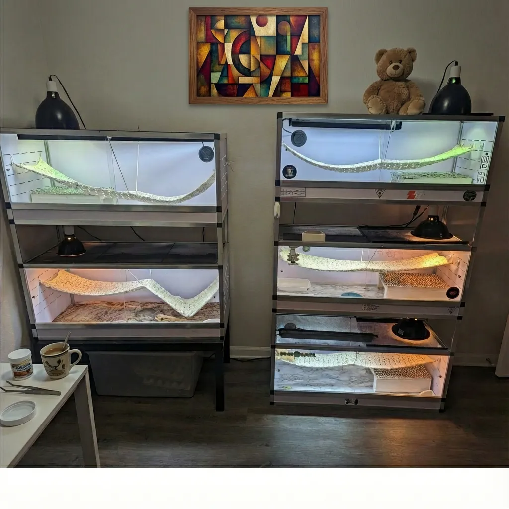 Toxirium PVC reptile enclosures with hammocks, lamps, and snake inside.