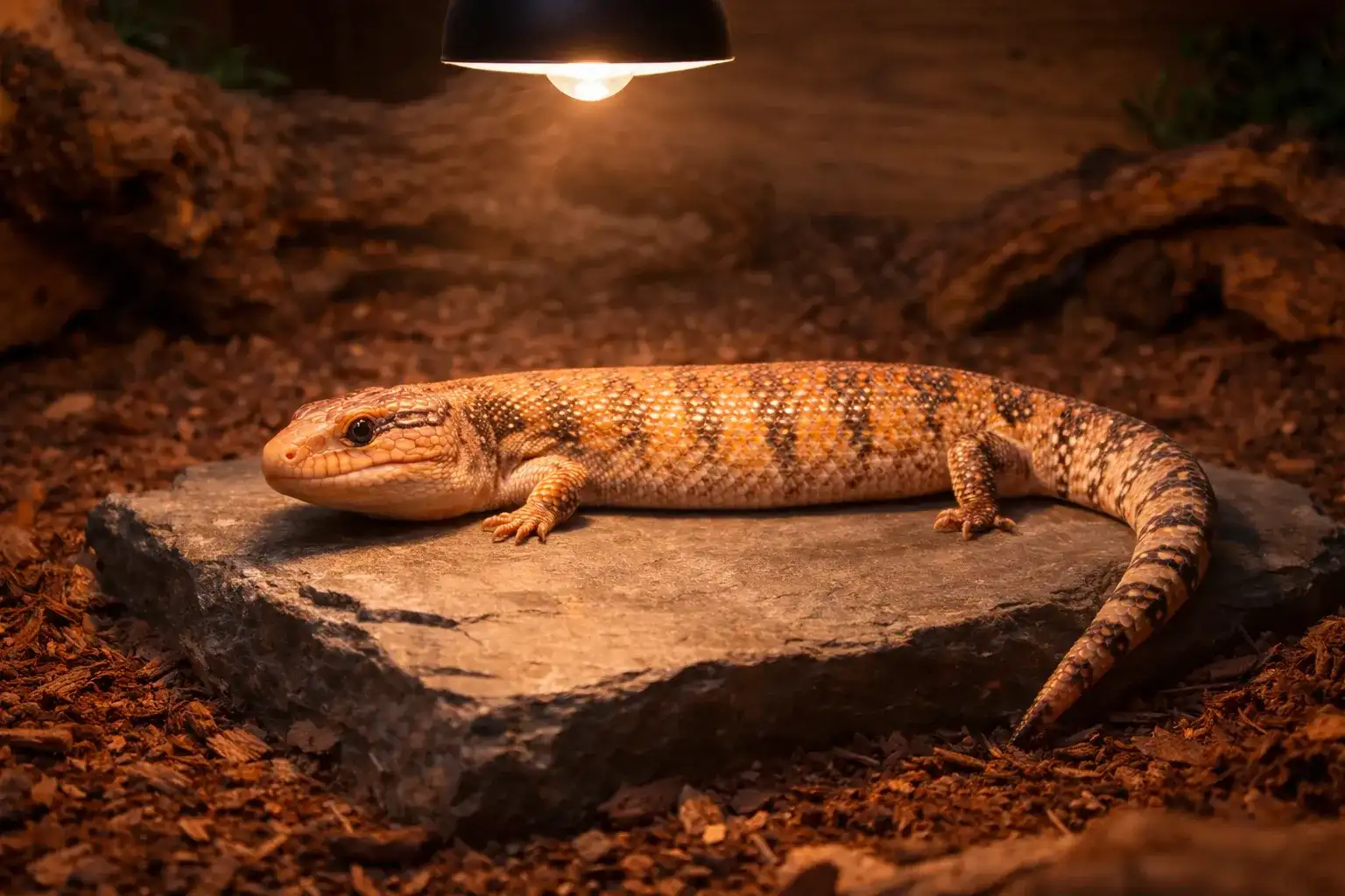 Toxirium bearded dragon basking under a heat lamp on wood.