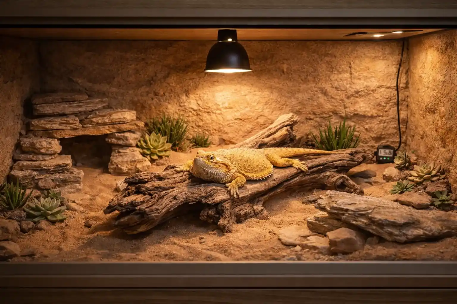 Toxirium bearded dragon habitat with basking lamp, log, and thermometer.