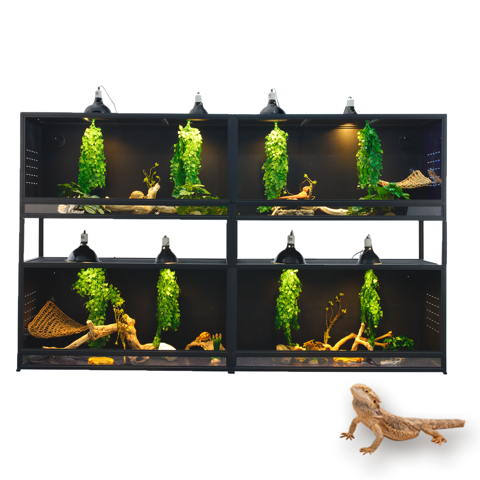 Toxirium expandable PVC reptile enclosure, 2 stacked units with lizard.