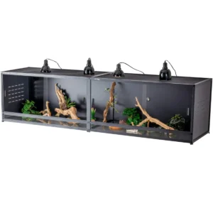 Toxirium TCL black reptile enclosure with sliding doors and dome lamps.