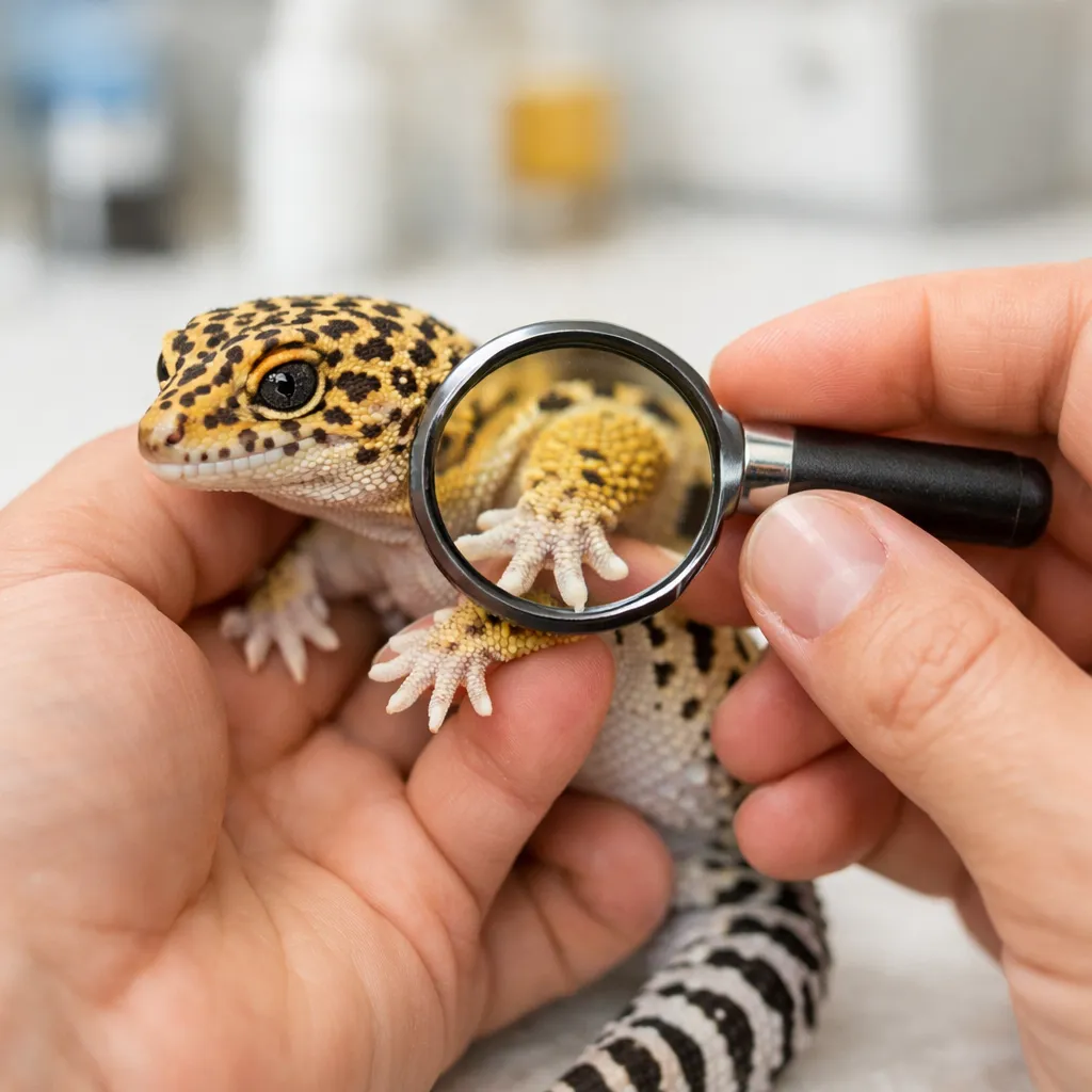 Toxirium leopard gecko close-up, magnifying glass on its foot.