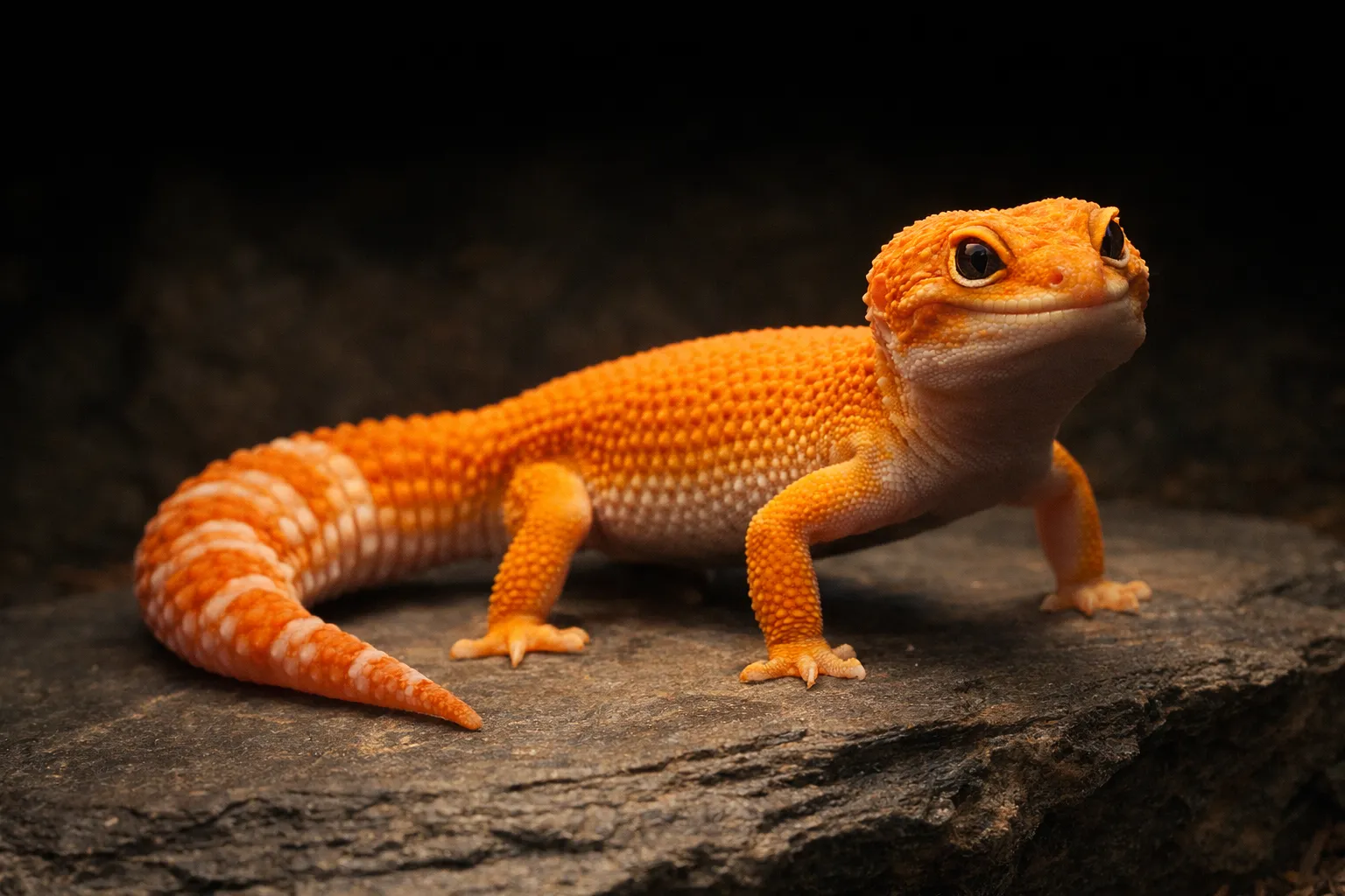 Toxirium leopard gecko perched on a dark rock, alert stance.
