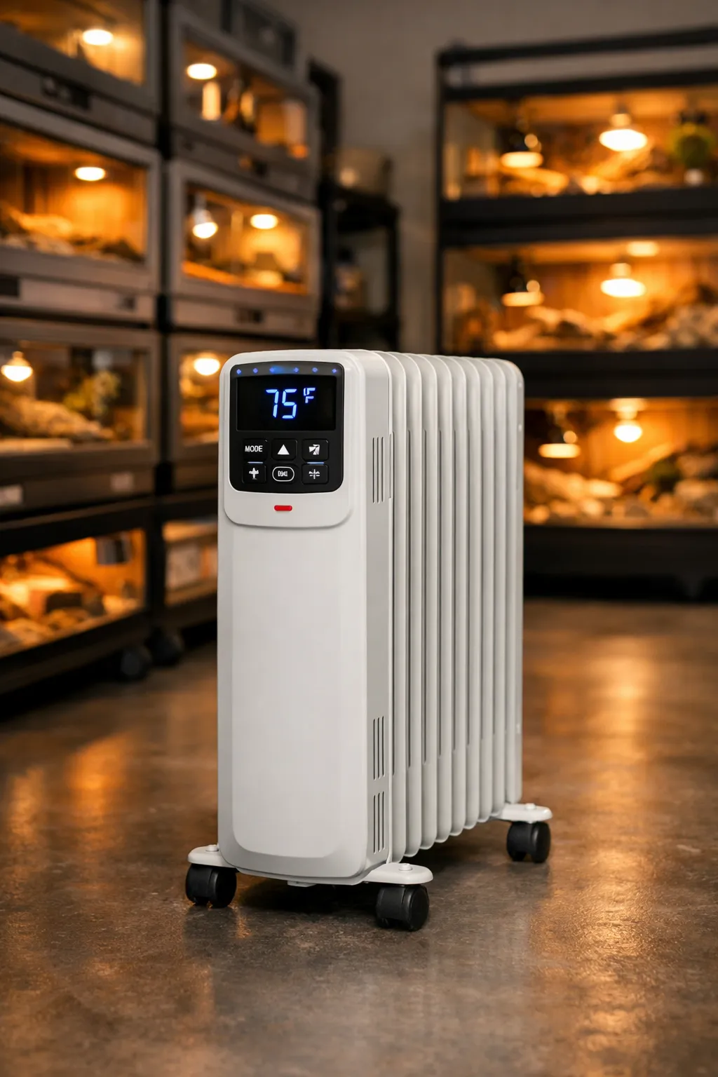 Toxirium oil radiator heater, 75°F display, in a reptile room.