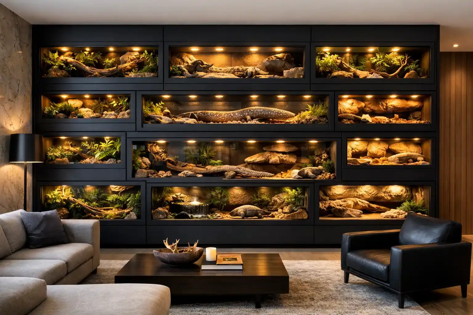 Toxirium reptile display wall in modern living room decor.