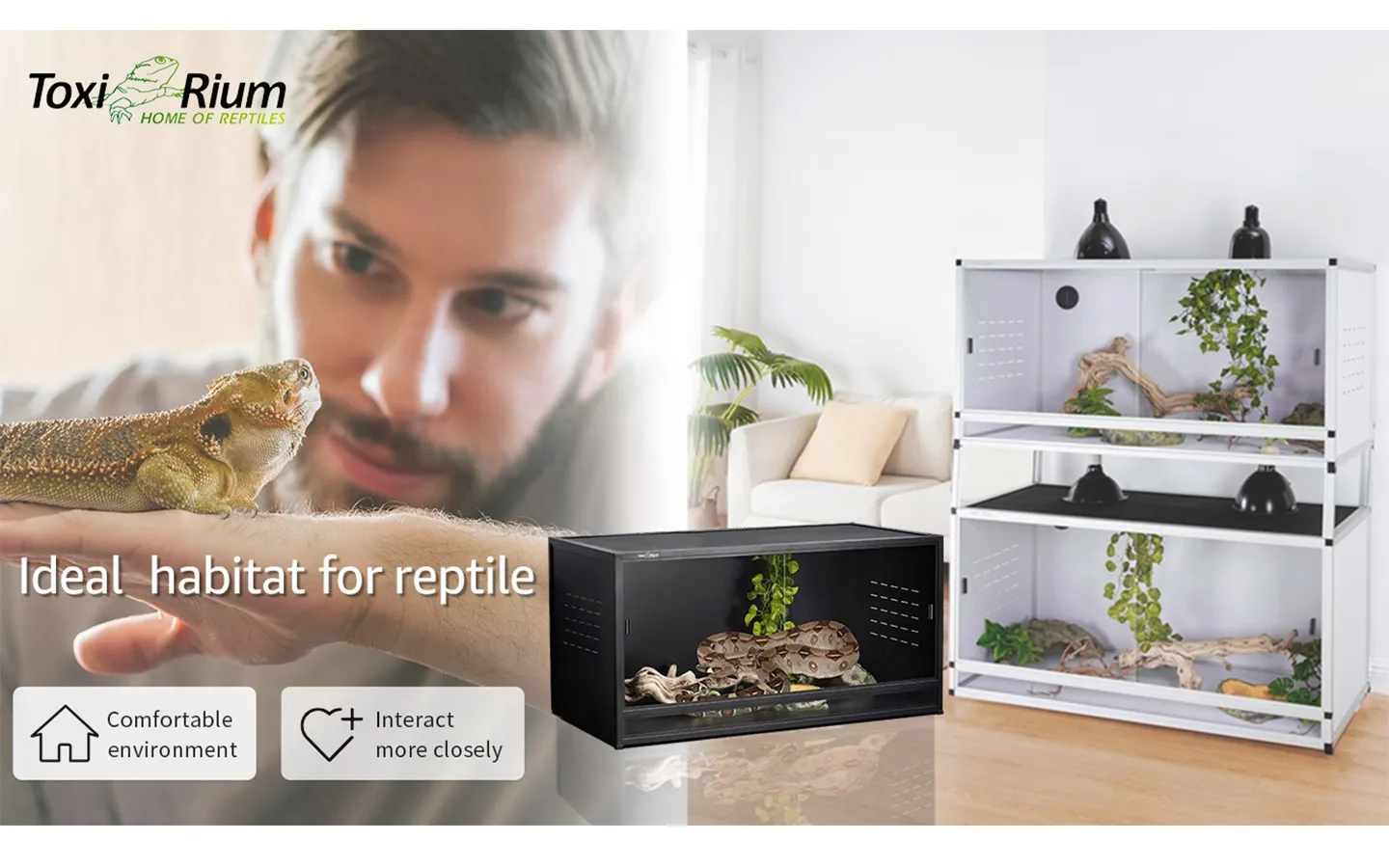 Toxirium reptile habitat ad man holds lizard with enclosures behind.