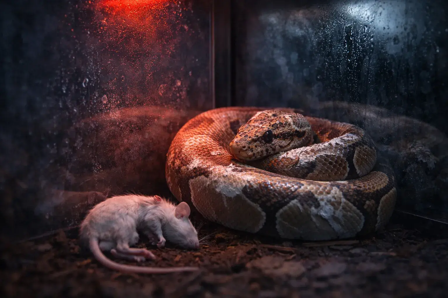 Toxirium snake in habitat with redblue lighting, coiled near prey.
