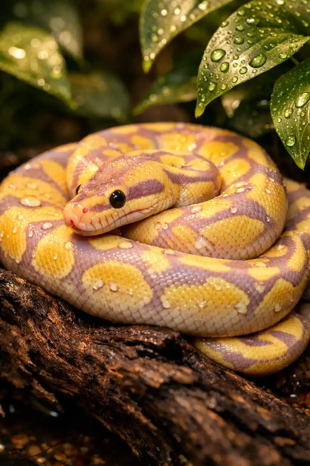 Toxirium yellow and purple spotted snake coiled on mossy branch.