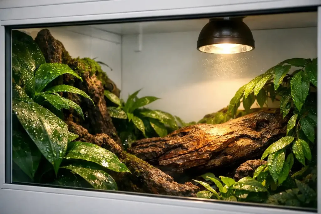 Tropical Ball Python setup demonstrating superior humidity control and heat retention in a Glass vs PVC reptile enclosure comparison.