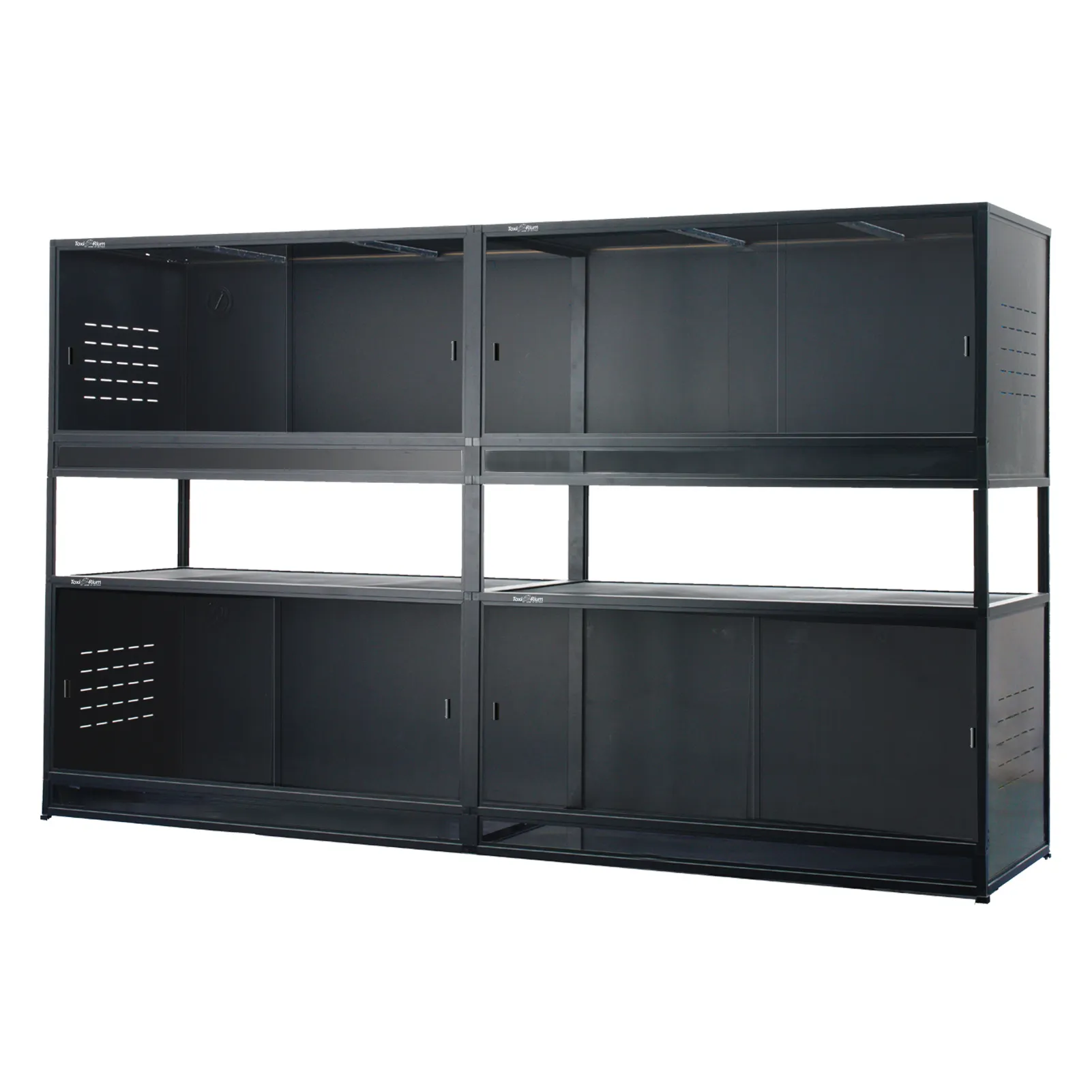 Two stacked Toxirium PVC reptile enclosures with TCL, Midea logos.