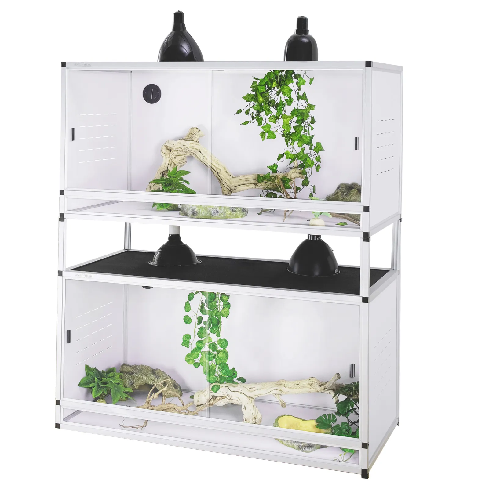 Two stacked white Toxirium 4x2x2 PVC reptile enclosures with plants.