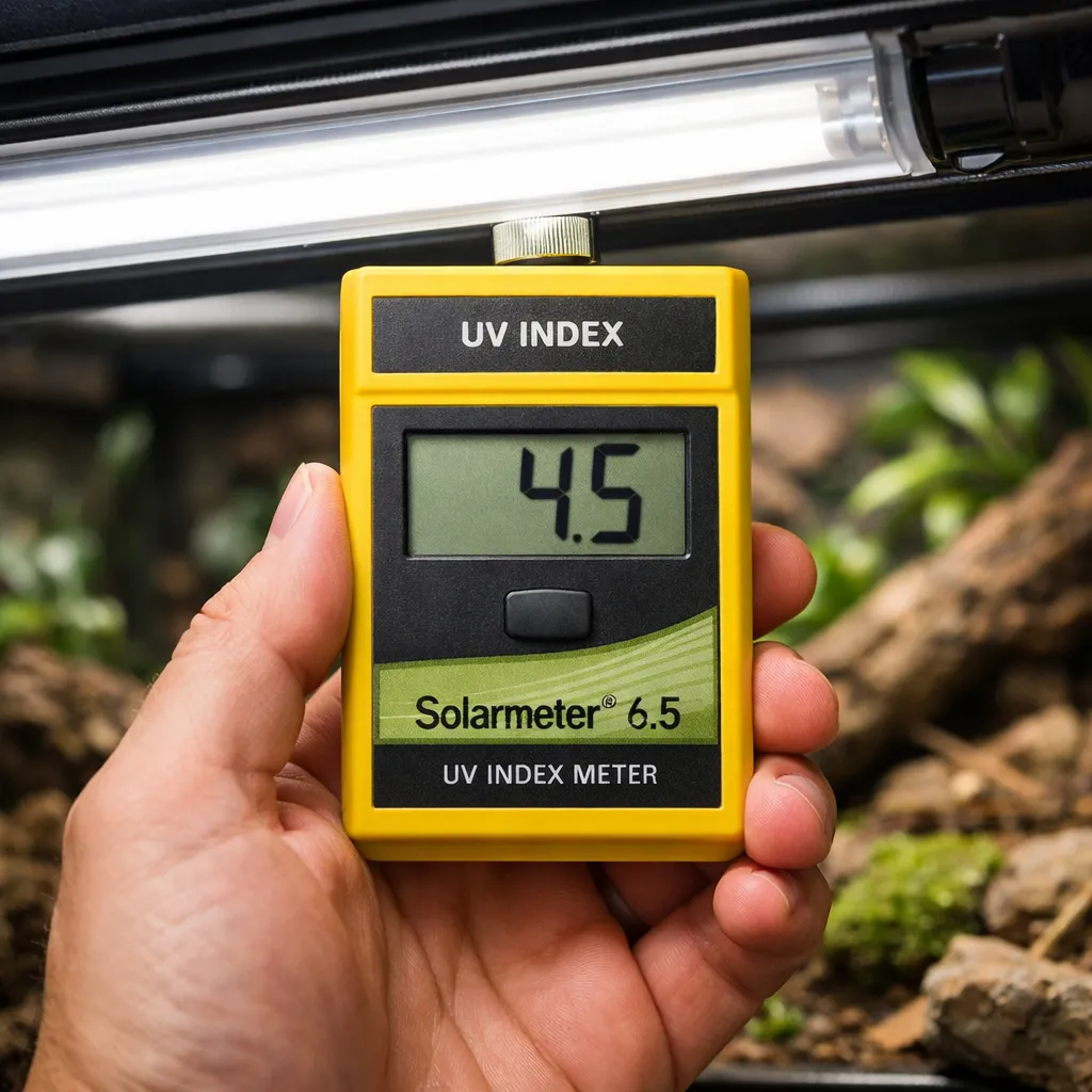 Using a Solarmeter 6.5 to test UV output from a T5 HO bulb, debunking reptile UVB lighting myths that visible light equals functional UV.