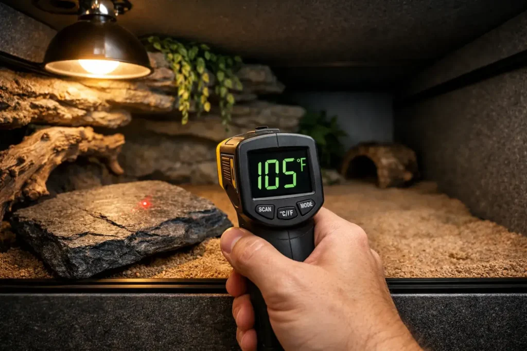 Using an infrared temp gun to measure the basking spot and verify the correct reptile temperature gradient in a large PVC tank.