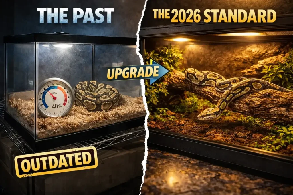 Visual comparison showing the upgrade from a dry glass tank to a humid 120 gallon reptile tank made of PVC for a Ball Python.