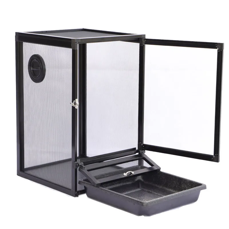 Toxirium black mesh screen cage with transparent front door.