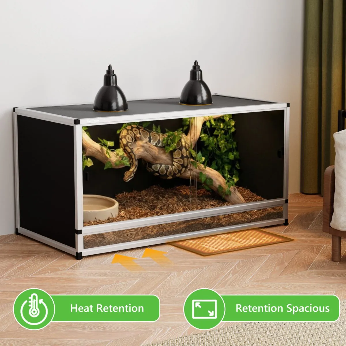 Toxirium black reptile enclosure with ball python, heat lamps, and mat.